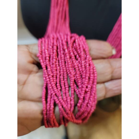 Women's Pink Multi Strand Beaded Necklace Handmade Statement Jewelry Piece - Picture 6 of 7
